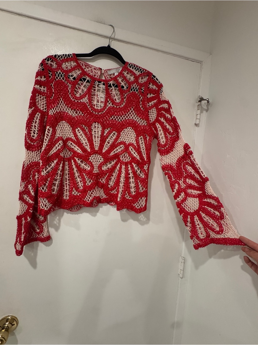 NWT Solitaire by Ravi Khosla Red & Cream Crochet Knit Blouse - Picture 4 of 6